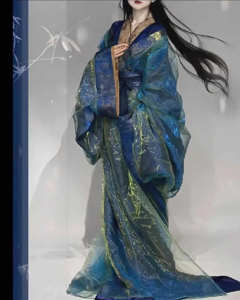 Women's Chinese Traditional Hanfu Female Outerwear Set Costume War Robe Colorful Gauze Outerwear Satin Gown Cosplay Dress
