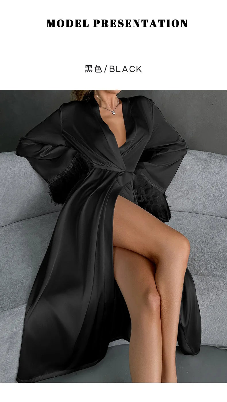 Women's Sexy Robe Silky Satin Long Dressing Gown Lace Backless Nightgowns Horn Feather Sleeve Sleepwear Comfortable Home Robes