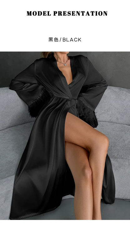 Women's Sexy Robe Silky Satin Long Dressing Gown Lace Backless Nightgowns Horn Feather Sleeve Sleepwear Comfortable Home Robes