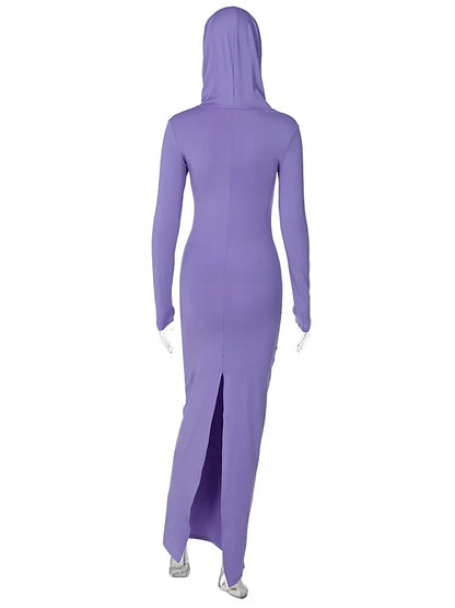 Hooded Long Dress For Women Y2k Clothes Sexy Streetwear Long Sleeve Bodycon Vestidos De Mujer Solid Robe Femme Été Back Split