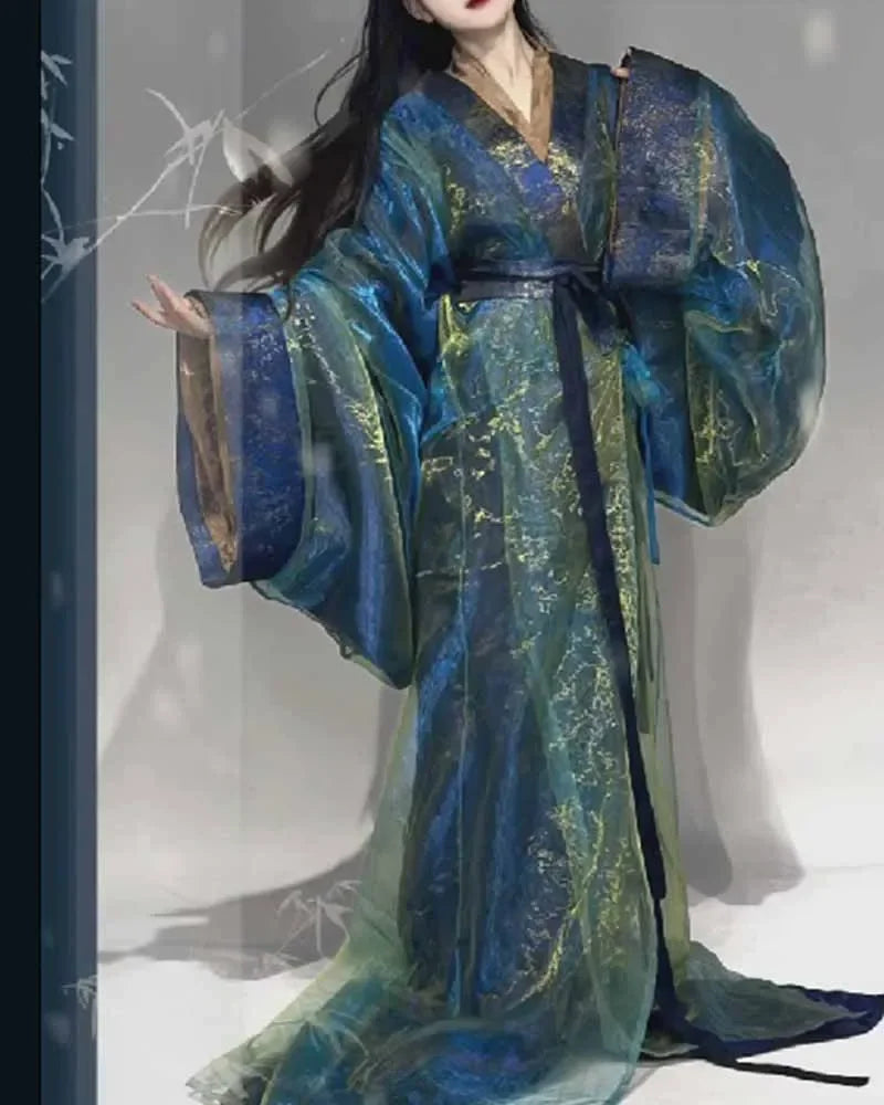 Women's Chinese Traditional Hanfu Female Outerwear Set Costume War Robe Colorful Gauze Outerwear Satin Gown Cosplay Dress
