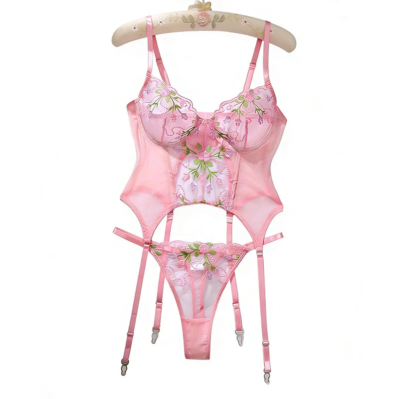 Women's Underwear with Garter Belt Pink Tulle Sexy Lingerie Romantic Floral Embroidery Bra Panties Sets See Through Lingerie Set