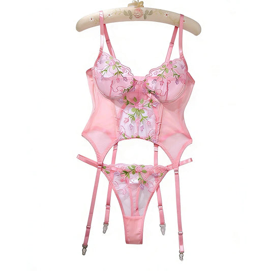Women's Underwear with Garter Belt Pink Tulle Sexy Lingerie Romantic Floral Embroidery Bra Panties Sets See Through Lingerie Set