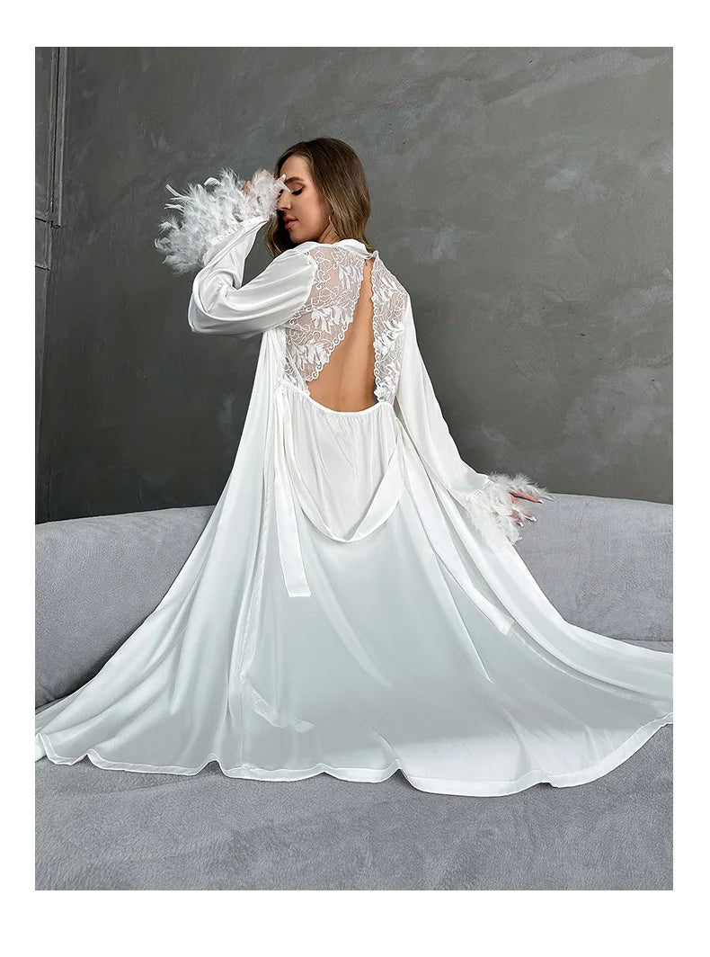 Women's Sexy Robe Silky Satin Long Dressing Gown Lace Backless Nightgowns Horn Feather Sleeve Sleepwear Comfortable Home Robes