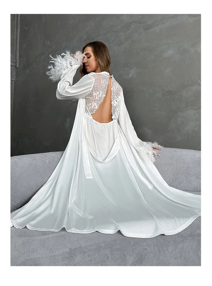 Women's Sexy Robe Silky Satin Long Dressing Gown Lace Backless Nightgowns Horn Feather Sleeve Sleepwear Comfortable Home Robes