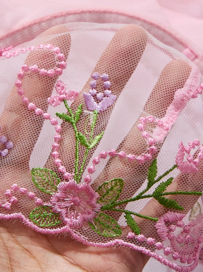 Women's Underwear with Garter Belt Pink Tulle Sexy Lingerie Romantic Floral Embroidery Bra Panties Sets See Through Lingerie Set