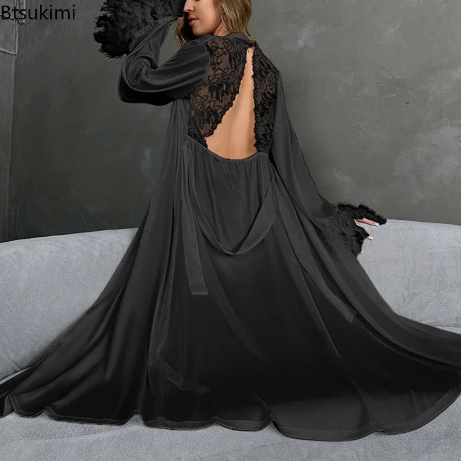 Women's Sexy Robe Silky Satin Long Dressing Gown Lace Backless Nightgowns Horn Feather Sleeve Sleepwear Comfortable Home Robes