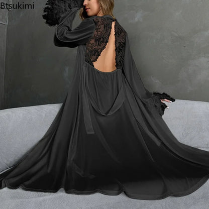 Women's Sexy Robe Silky Satin Long Dressing Gown Lace Backless Nightgowns Horn Feather Sleeve Sleepwear Comfortable Home Robes