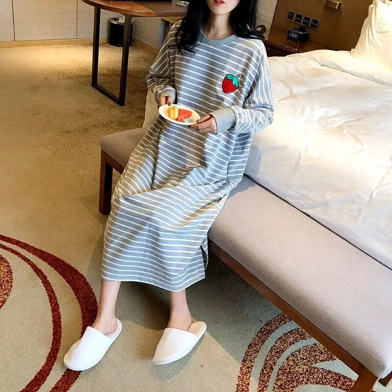 Women's Sleepwear Long Sleeve Midi Nightgown Loose plus Size Striped Home Clothes Spring Summer New Arrival 2023