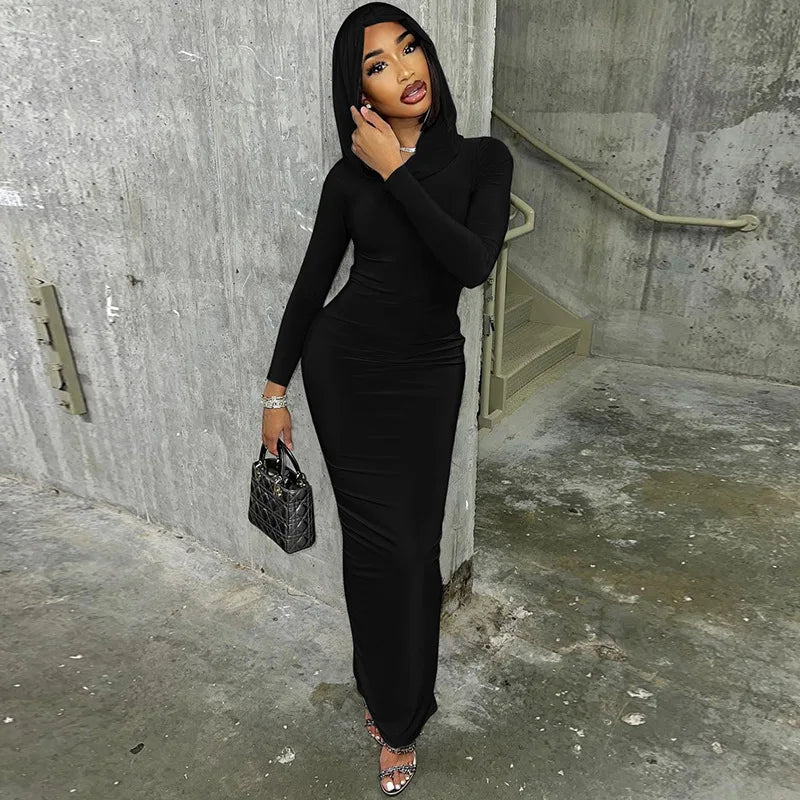 Hooded Long Dress For Women Y2k Clothes Sexy Streetwear Long Sleeve Bodycon Vestidos De Mujer Solid Robe Femme Été Back Split