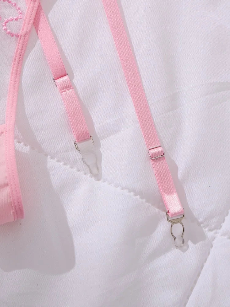 Women's Underwear with Garter Belt Pink Tulle Sexy Lingerie Romantic Floral Embroidery Bra Panties Sets See Through Lingerie Set