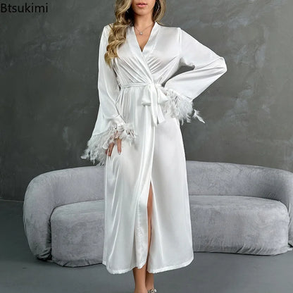 Women's Sexy Robe Silky Satin Long Dressing Gown Lace Backless Nightgowns Horn Feather Sleeve Sleepwear Comfortable Home Robes