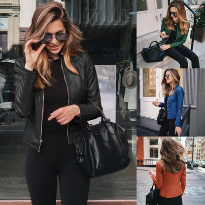 2025 Women Bike Coat PU Leather Outwear Zipper Outfit Autumn Winter Wome Fashion Short Thin Female Jacket