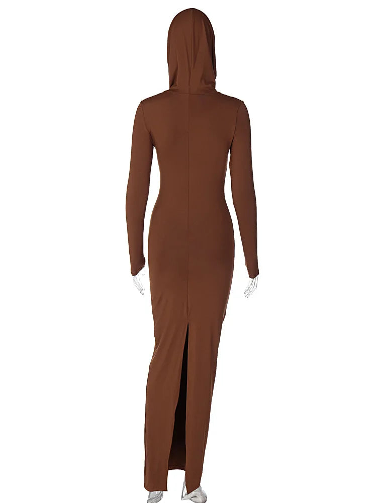 Hooded Long Dress For Women Y2k Clothes Sexy Streetwear Long Sleeve Bodycon Vestidos De Mujer Solid Robe Femme Été Back Split