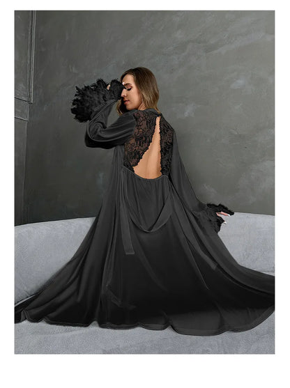 Women's Sexy Robe Silky Satin Long Dressing Gown Lace Backless Nightgowns Horn Feather Sleeve Sleepwear Comfortable Home Robes