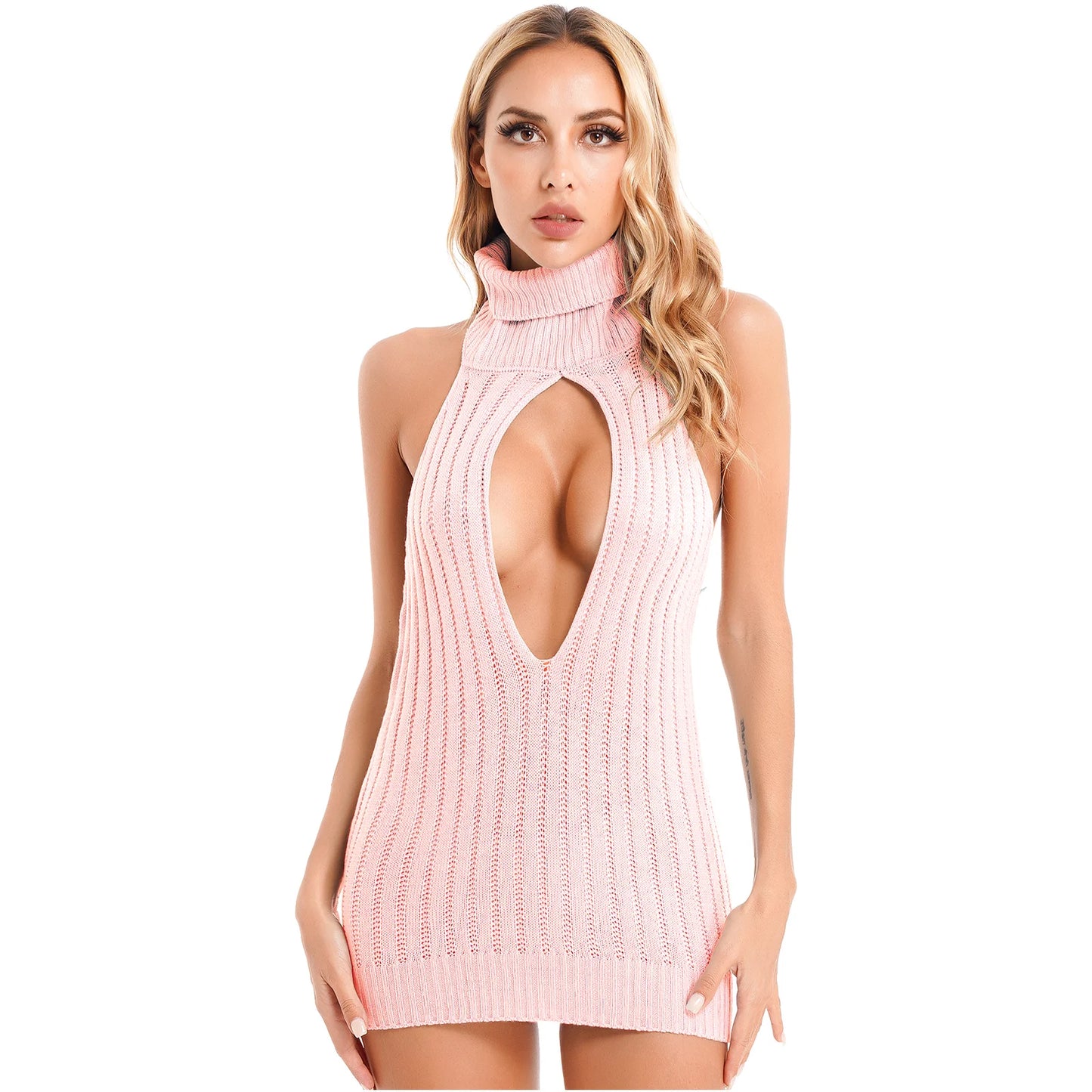 Womens Bodycon Sex Dress Backless Turtleneck Knitted Keyhole Lace-up Back Ribbed Mini Dresses Lingerie Clubwear Party Nightwear