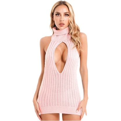 Womens Bodycon Sex Dress Backless Turtleneck Knitted Keyhole Lace-up Back Ribbed Mini Dresses Lingerie Clubwear Party Nightwear