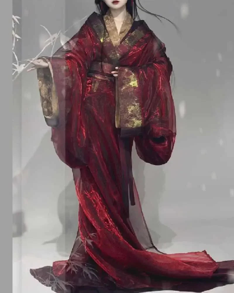 Women's Chinese Traditional Hanfu Female Outerwear Set Costume War Robe Colorful Gauze Outerwear Satin Gown Cosplay Dress
