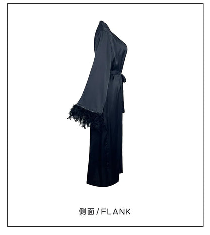 Women's Sexy Robe Silky Satin Long Dressing Gown Lace Backless Nightgowns Horn Feather Sleeve Sleepwear Comfortable Home Robes
