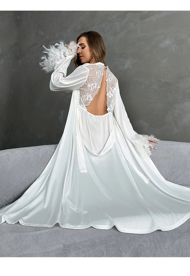 Women's Sexy Robe Silky Satin Long Dressing Gown Lace Backless Nightgowns Horn Feather Sleeve Sleepwear Comfortable Home Robes