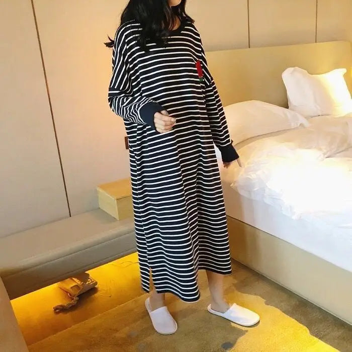 Women's Sleepwear Long Sleeve Midi Nightgown Loose plus Size Striped Home Clothes Spring Summer New Arrival 2023