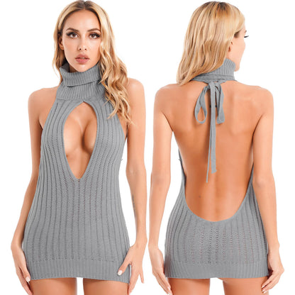 Womens Bodycon Sex Dress Backless Turtleneck Knitted Keyhole Lace-up Back Ribbed Mini Dresses Lingerie Clubwear Party Nightwear