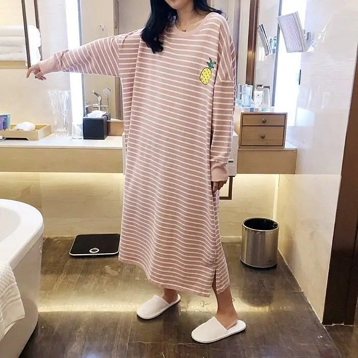 Women's Sleepwear Long Sleeve Midi Nightgown Loose plus Size Striped Home Clothes Spring Summer New Arrival 2023