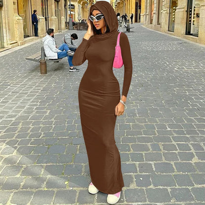 Hooded Long Dress For Women Y2k Clothes Sexy Streetwear Long Sleeve Bodycon Vestidos De Mujer Solid Robe Femme Été Back Split
