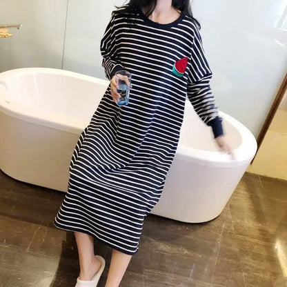 Women's Sleepwear Long Sleeve Midi Nightgown Loose plus Size Striped Home Clothes Spring Summer New Arrival 2023