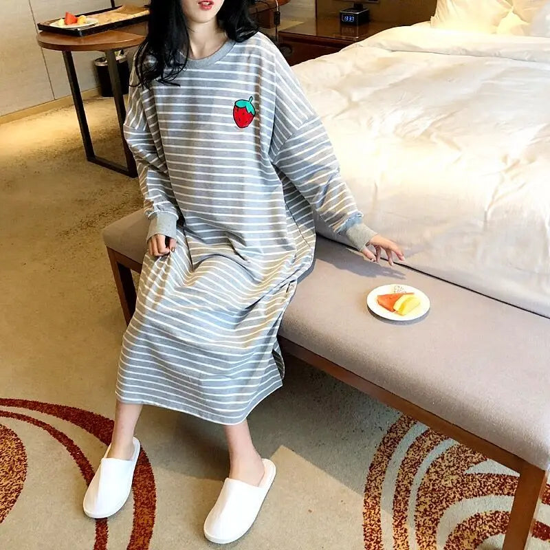 Women's Sleepwear Long Sleeve Midi Nightgown Loose plus Size Striped Home Clothes Spring Summer New Arrival 2023