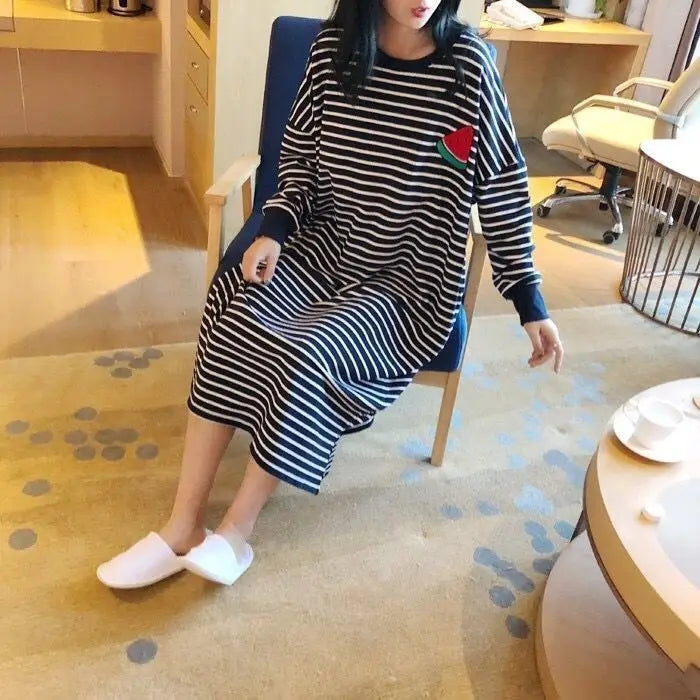 Women's Sleepwear Long Sleeve Midi Nightgown Loose plus Size Striped Home Clothes Spring Summer New Arrival 2023
