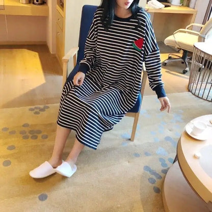 Women's Sleepwear Long Sleeve Midi Nightgown Loose plus Size Striped Home Clothes Spring Summer New Arrival 2023