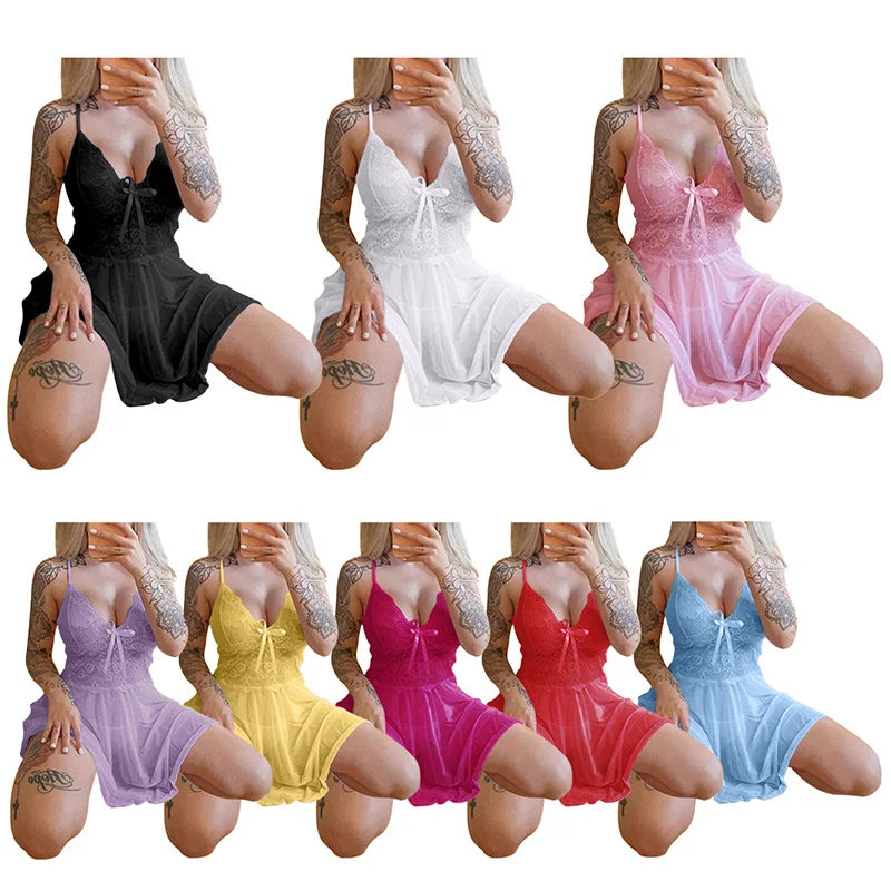 Sexy Sleepwear Women's Nightgowns Dress Through Lace Sexy Lingerie Night Dress Women Underwear Party Nightie