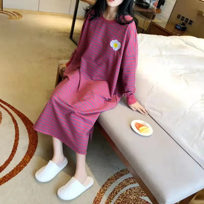 Women's Sleepwear Long Sleeve Midi Nightgown Loose plus Size Striped Home Clothes Spring Summer New Arrival 2023