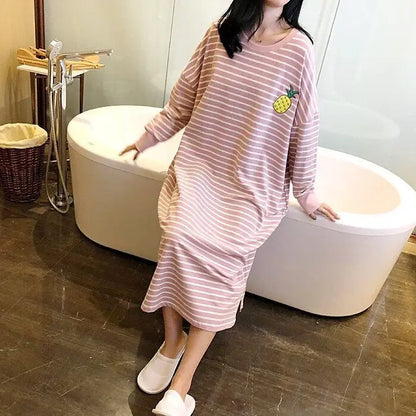Women's Sleepwear Long Sleeve Midi Nightgown Loose plus Size Striped Home Clothes Spring Summer New Arrival 2023