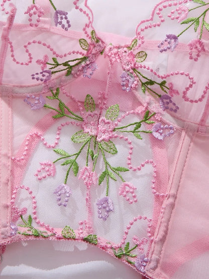 Women's Underwear with Garter Belt Pink Tulle Sexy Lingerie Romantic Floral Embroidery Bra Panties Sets See Through Lingerie Set