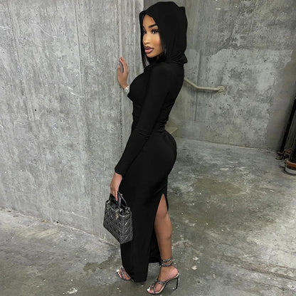 Hooded Long Dress For Women Y2k Clothes Sexy Streetwear Long Sleeve Bodycon Vestidos De Mujer Solid Robe Femme Été Back Split
