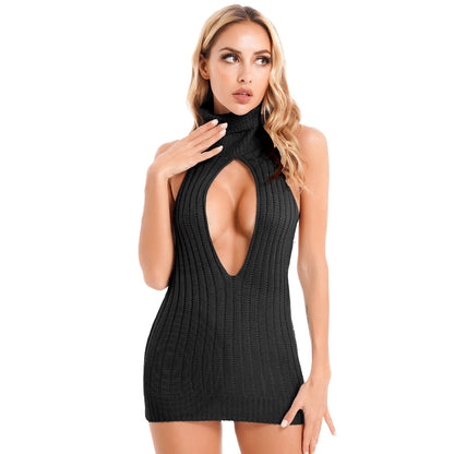 Womens Bodycon Sex Dress Backless Turtleneck Knitted Keyhole Lace-up Back Ribbed Mini Dresses Lingerie Clubwear Party Nightwear