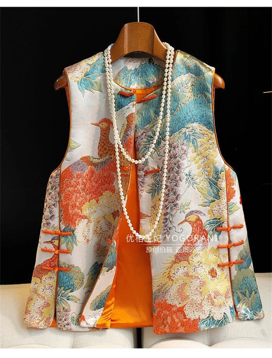 Women's Vest Lady Vests  Women's Jacquard Brocade Vest Women's Vest Chinese Retro Buckle Printed Vest Tang Suit Jacket Tide