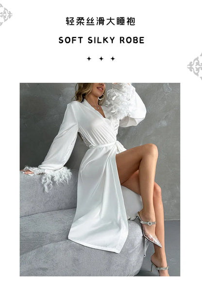 Women's Sexy Robe Silky Satin Long Dressing Gown Lace Backless Nightgowns Horn Feather Sleeve Sleepwear Comfortable Home Robes