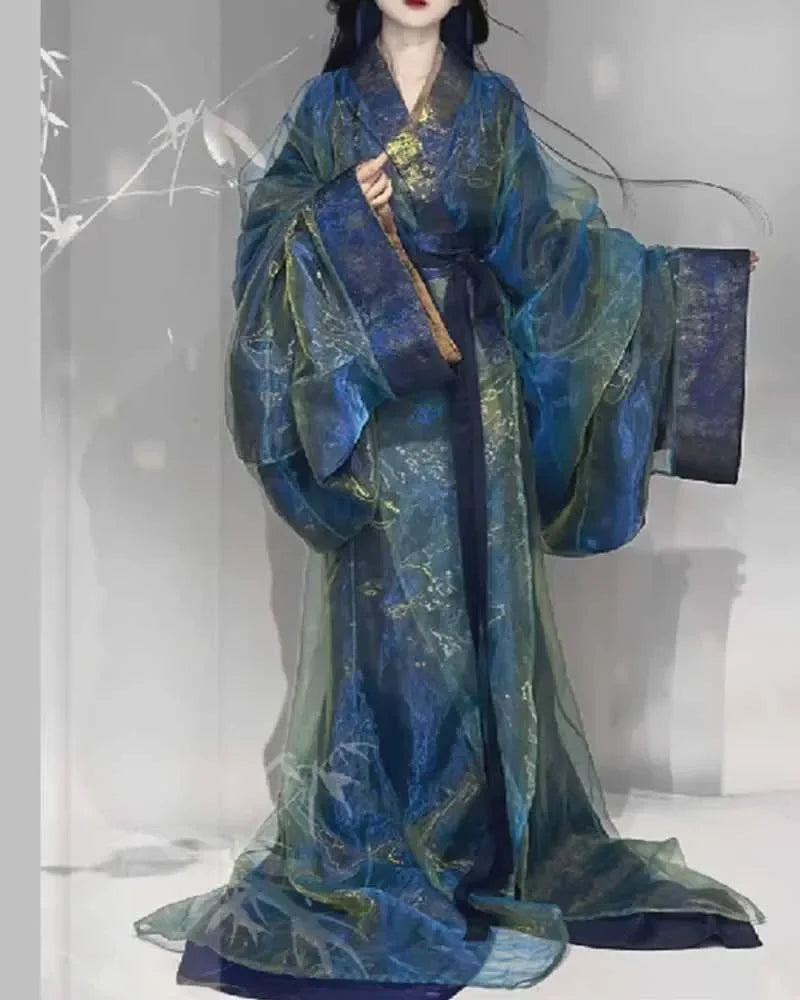 Women's Chinese Traditional Hanfu Female Outerwear Set Costume War Robe Colorful Gauze Outerwear Satin Gown Cosplay Dress