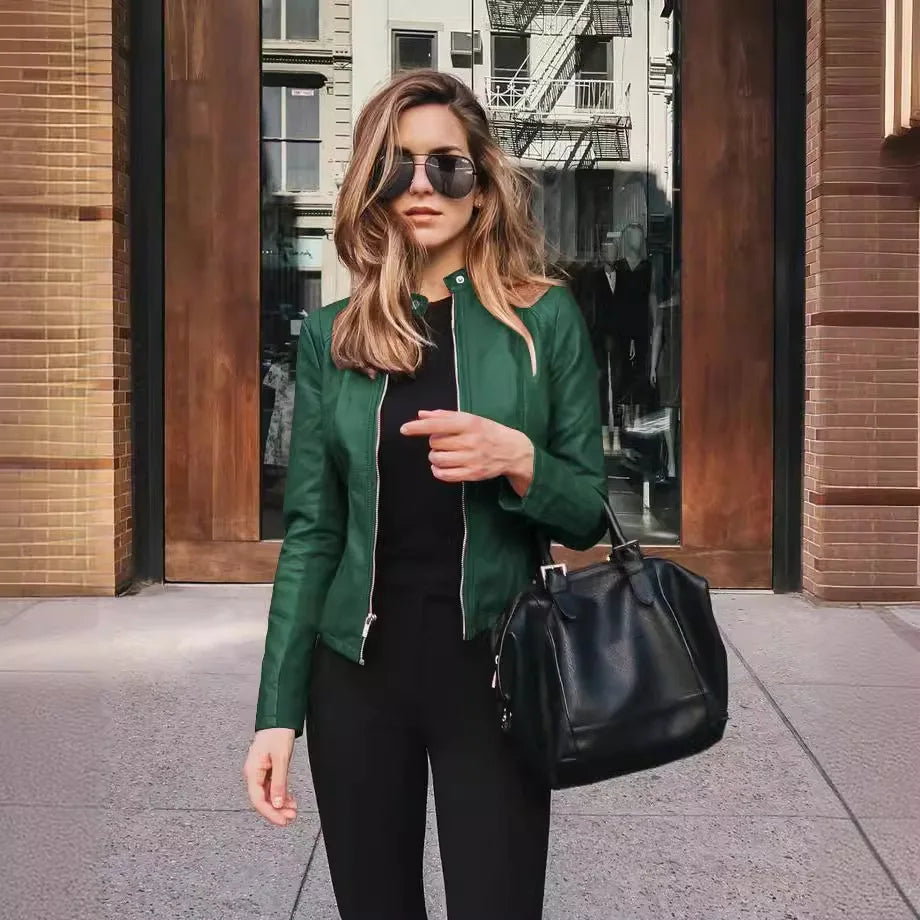 2025 Women Bike Coat PU Leather Outwear Zipper Outfit Autumn Winter Wome Fashion Short Thin Female Jacket