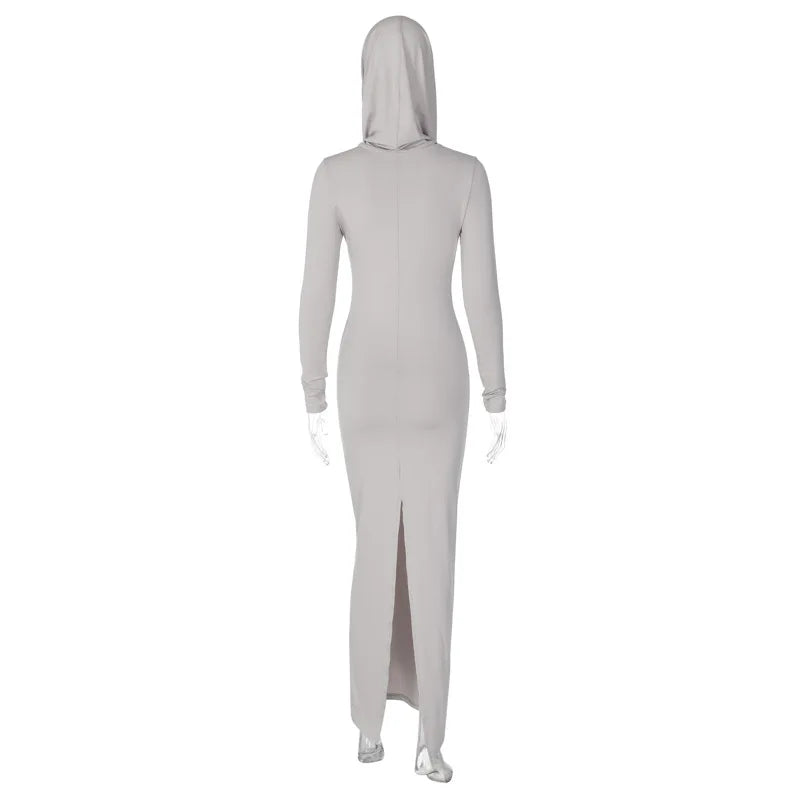 Hooded Long Dress For Women Y2k Clothes Sexy Streetwear Long Sleeve Bodycon Vestidos De Mujer Solid Robe Femme Été Back Split
