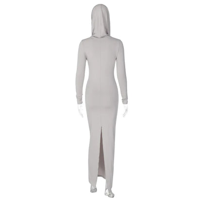 Hooded Long Dress For Women Y2k Clothes Sexy Streetwear Long Sleeve Bodycon Vestidos De Mujer Solid Robe Femme Été Back Split