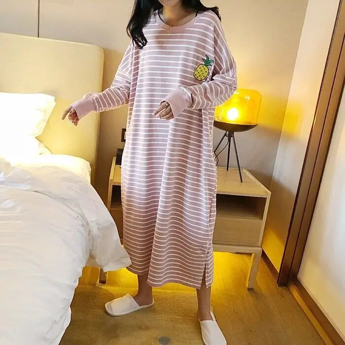 Women's Sleepwear Long Sleeve Midi Nightgown Loose plus Size Striped Home Clothes Spring Summer New Arrival 2023
