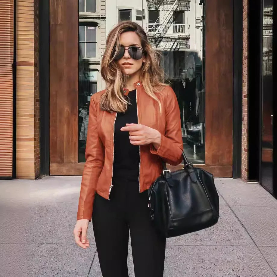 2025 Women Bike Coat PU Leather Outwear Zipper Outfit Autumn Winter Wome Fashion Short Thin Female Jacket