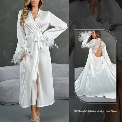 Women's Sexy Robe Silky Satin Long Dressing Gown Lace Backless Nightgowns Horn Feather Sleeve Sleepwear Comfortable Home Robes