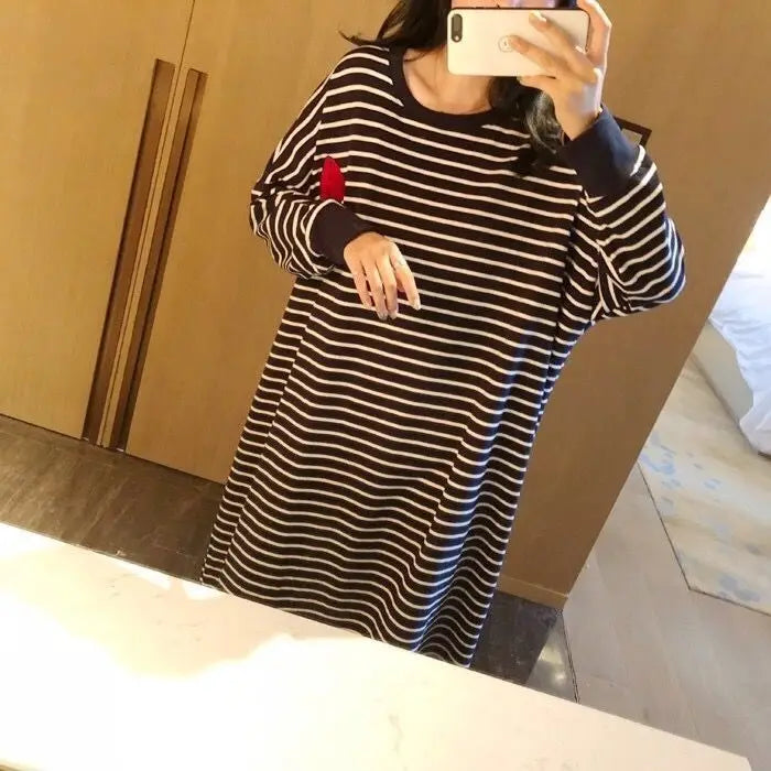 Women's Sleepwear Long Sleeve Midi Nightgown Loose plus Size Striped Home Clothes Spring Summer New Arrival 2023