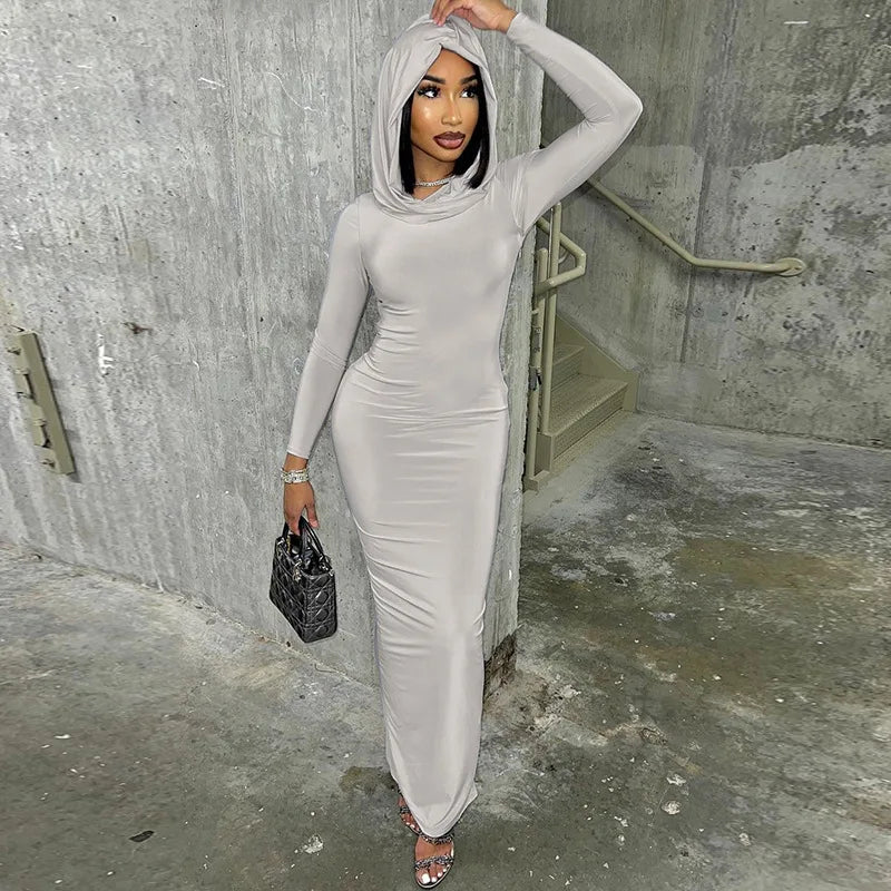 Hooded Long Dress For Women Y2k Clothes Sexy Streetwear Long Sleeve Bodycon Vestidos De Mujer Solid Robe Femme Été Back Split