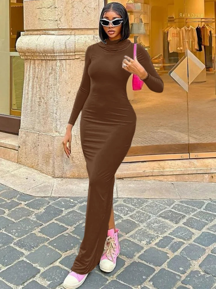 Hooded Long Dress For Women Y2k Clothes Sexy Streetwear Long Sleeve Bodycon Vestidos De Mujer Solid Robe Femme Été Back Split